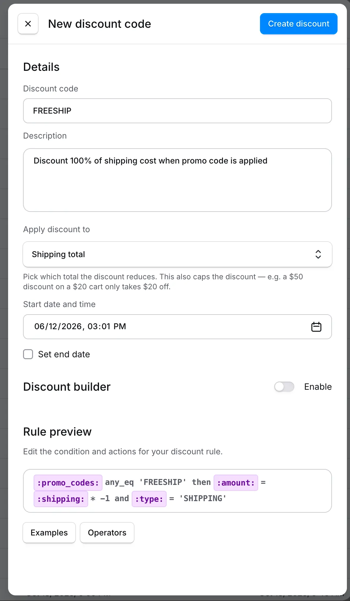 Discount builder section with the Enable toggle turned off, hiding the builder fields and leaving the rule preview editable.