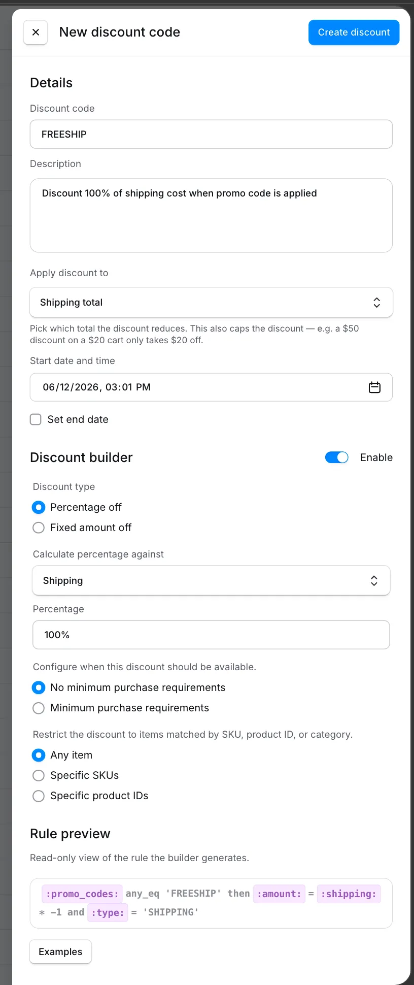 Edit discount slideover showing Details, the Discount builder section with its Enable toggle, and the rule preview.