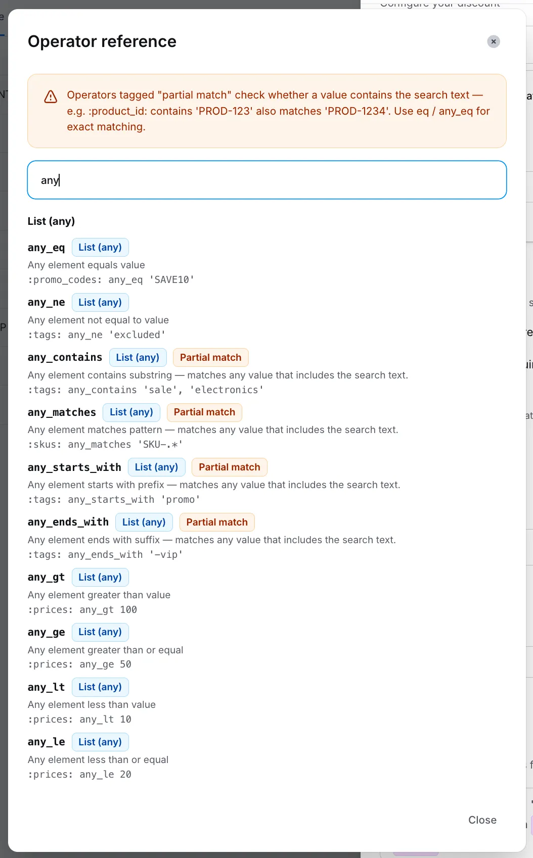 Operator reference filtered by the search term "any" highlighting list-based operators and their partial-match labels.