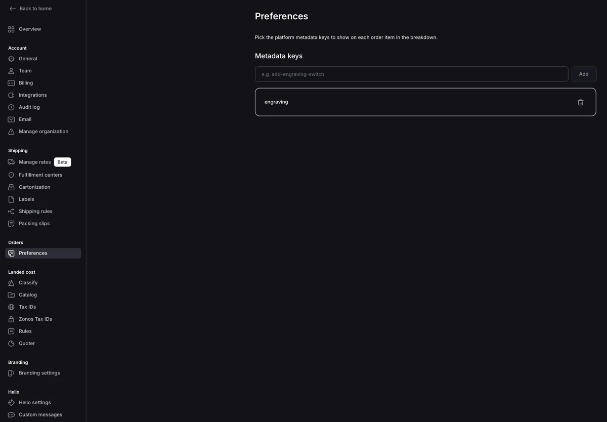 Order preferences page showing a metadata key input and a saved key